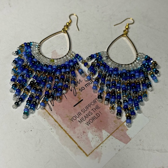 Stunning Beaded Fringe Earrings in Blue and Gold - Picture 2 of 3